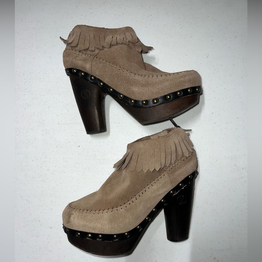 Flogg Fringe Bootie 7 Women's Premium Leather Wooden Platform Heeled -tan - Picture 4 of 4